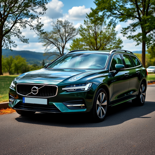 Create a high-resolution image of a dark green Volvo station wagon parked in a scenic outdoor setting, shot with a DSLR camera at f/8 aperture, 1/250 sec shutter speed, ISO 100, at a 45-degree angle from the front-left side to highlight the car's features.