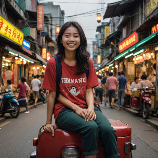 Cartoon Movie​ scene, a 18yr kindness grin Japanese woman,oval face , mullet medium long messy black side hair, wear a red shirt ,black jeans ,navy slip-on​,with green backpack, relax​ sitting on a seat in a thai tuk-tuk, tuk-tuk a silver metal roof that reflects light, There are blurred street lights and shops Chinatown Bangkok in the background.