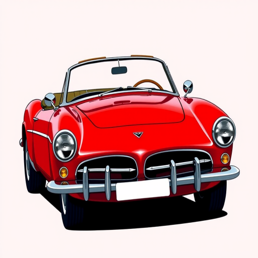 Create a high-resolution illustration of a classic red convertible car with a sleek design, captured in a dynamic angle, using a digital camera setting of f/8 aperture, 50mm lens, ISO 100, 1/125s shutter speed, in a vibrant and crisp vector art style.