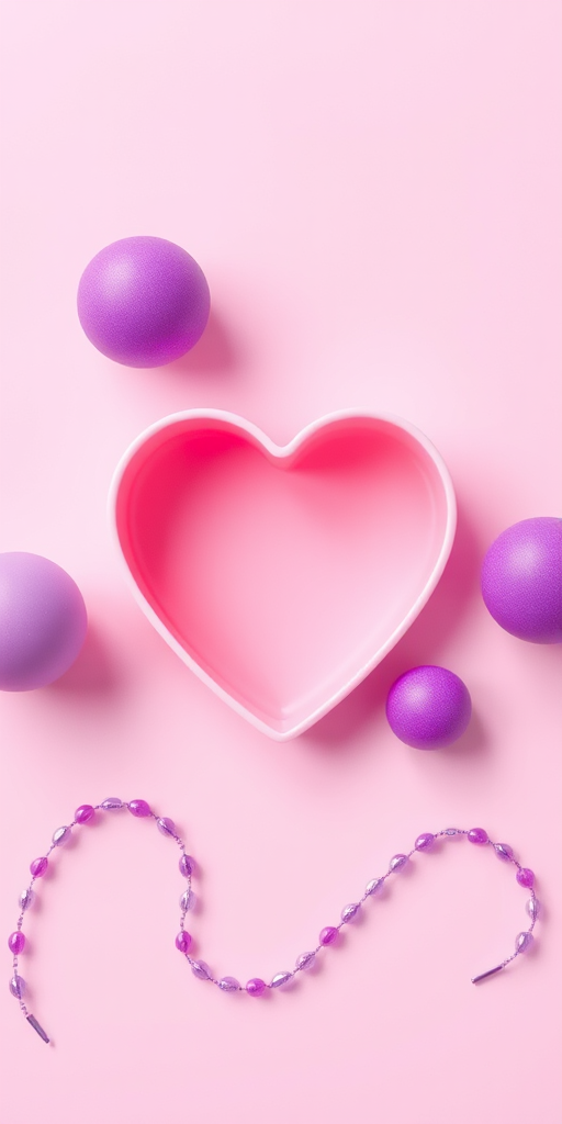 Create a vibrant digital illustration featuring a large heart shape in the center with a soft pink interior, surrounded by three spheres in varying shades of purple, with a delicate string of beads flowing across the foreground, using a Canon EOS R5 with a 50mm lens, f/2.8 aperture, ISO 100, in a flat lay view to emphasize color and shape.