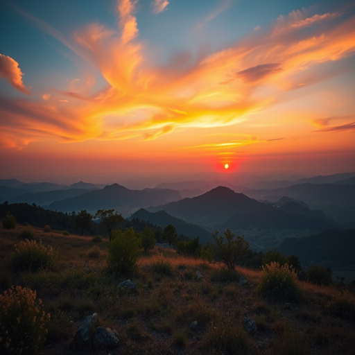 Generate a high-resolution image of a serene landscape at sunset with vibrant colors, using a Canon EOS R5, aperture f/8, ISO 100, 24mm focal length, shot in landscape orientation, wide-angle view, and a soft focus to enhance depth and detail.