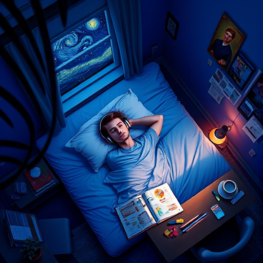 A top-down Van Gogh-style painting of a young man lying on his bed, listening to music with headphones. The room is softly lit with deep blues and purples, creating a peaceful nighttime atmosphere. The bed has a soft pillow, and the man's arms are resting behind his head. Around the bed, various glowing gadgets such as a smartphone, a laptop, and a small lamp are visible, casting a gentle light. The rest of the bedroom includes a desk with books, a chair, and a small rug on the floor. A window near the bed reveals a starry night sky with swirling stars, reminiscent of Van Gogh's 'Starry Night.' On the desk, there is a sketchbook with colorful drawings, a cup of coffee steaming gently, and a small potted plant. The walls have posters of famous paintings and a corkboard with pinned notes and photos. The scene is full of dynamic, swirling brushstrokes, capturing the essence of Van Gogh's unique style. The overall mood is serene and contemplative, with a touch of artistic inspiration.