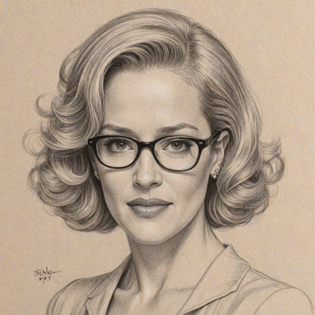 Beauteous Penelope Ann Miller, pencil sketch, portrait of Dazzling woman 1952s in glasses, hair style beatnik, outline, clear lines, fine lines, 8k