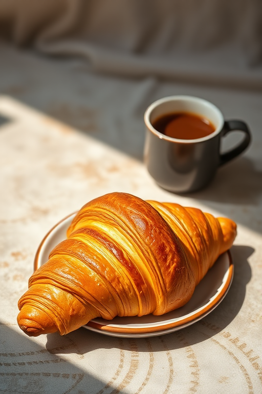croissant and coffee on a textured background, soft natural lighting, ISO 100, f/2.8, 50mm lens, shallow depth of field, DSLR camera, warm color tones
