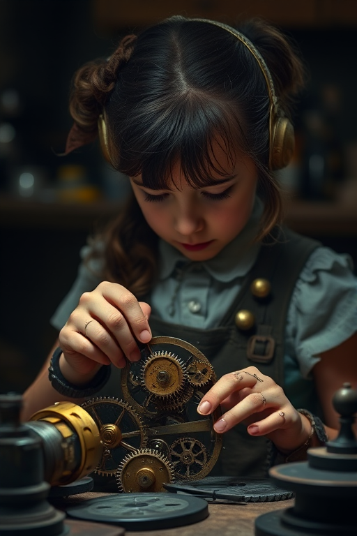 A young girl with vintage steampunk attire is carefully working on intricate brass gears and clockwork pieces in a dimly lit workshop with soft ambient lighting, shallow depth of field, captured using a DSLR camera at f/2.8 aperture, ISO 200, and a focal length of 50mm to enhance the detail and atmosphere.