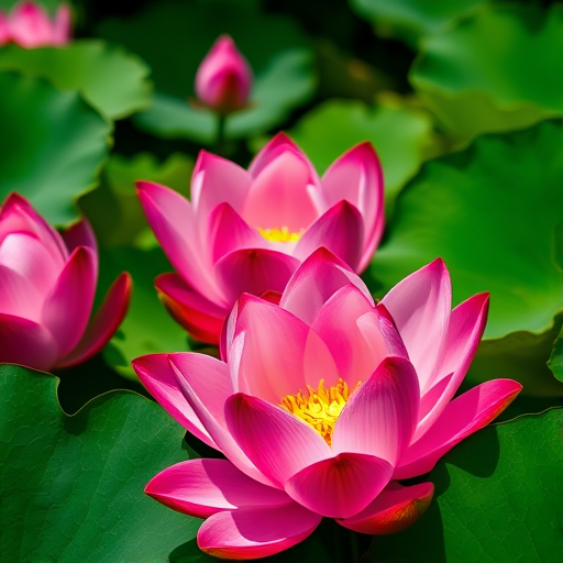A close-up shot of vibrant pink lotus flowers surrounded by lush green leaves, with a Canon EOS R5 camera, f/2.8 aperture, 1/250 second shutter speed, ISO 100, and natural lighting for enhanced color depth and clarity.