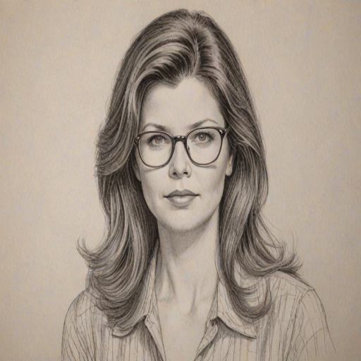 Exquisite Daphne Zuniga, pencil sketch, portrait of Comely woman 1970s in glasses, hair style beatnik, outline, clear lines, fine lines, 8k