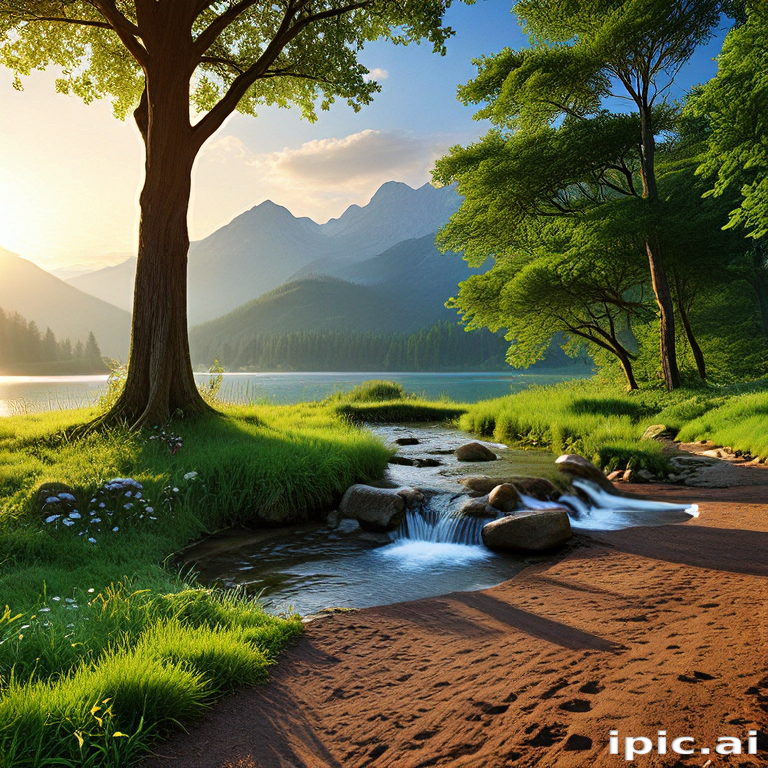 Tranquil Sunrise Over a Serene Lake Surrounded by Majestic Mountains