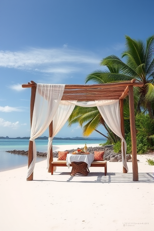 Create a picturesque tropical beach scene featuring a serene, white sandy shore. In the foreground, there's a rustic wooden canopy with white drapes gently flowing in the breeze. Underneath the canopy, a table is set with tropical decor, evoking a sense of relaxation and leisure. The beach extends into a calm, shallow water area with reflections of the sky and surroundings. Palm trees and lush greenery line the edge of the beach, providing a natural, tropical backdrop. The sky is clear with a few scattered clouds, and the overall atmosphere is tranquil and inviting, perfect for a peaceful retreat.