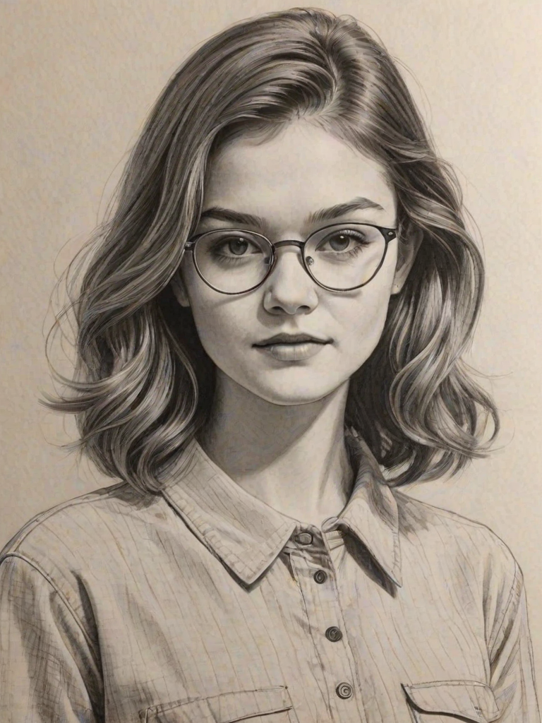 Beauteous Ciara Bravo, pencil sketch, portrait of Fetching woman 1947s in glasses, hair style beatnik, outline, clear lines, fine lines, 8k