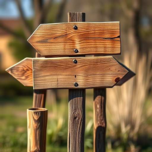 Create an image of three wooden signs on posts with a rustic appearance, captured using a Canon EOS 5D Mark IV, 50mm lens, f/2.8 aperture, ISO 100, natural lighting, and a shallow depth of field to enhance the texture and detail of the wood.
