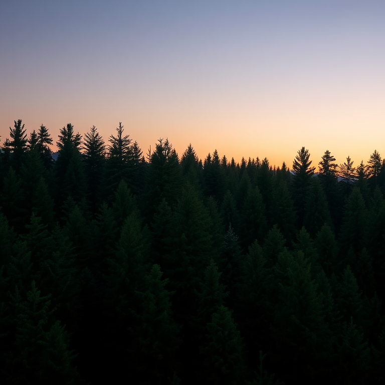 Regenerate a dense forest landscape silhouette at dusk, with rich green pine trees against a gradient sky, taken with a DSLR camera at f/4.0 aperture, ISO 100, and a 50mm lens, using a wide-angle view to capture depth and dimension.