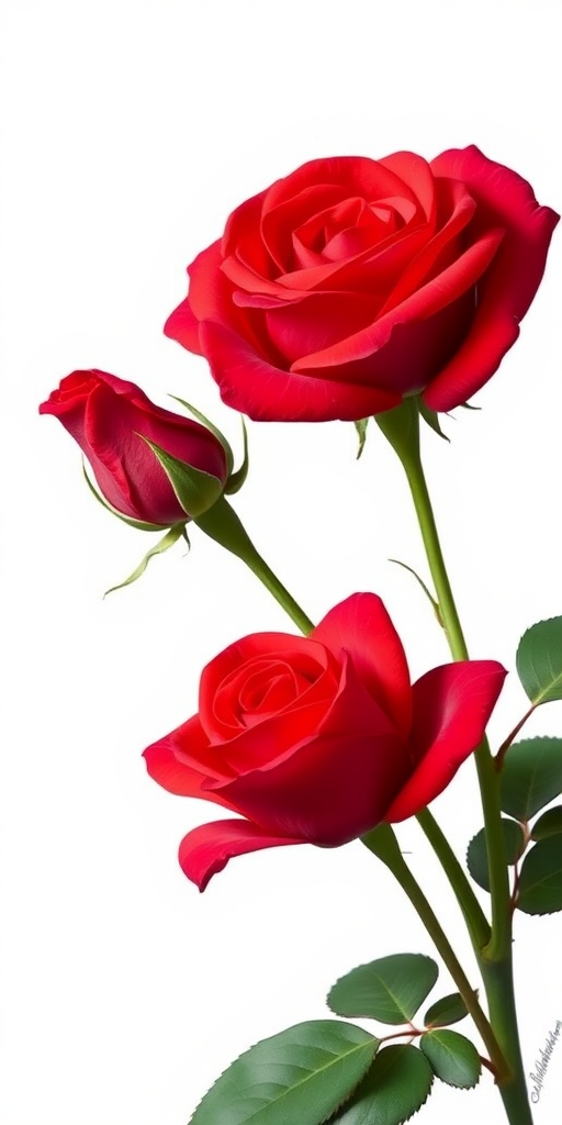 Create a digital illustration of two red roses with a budding rose in a minimalist style on a white background, using a Canon EOS R camera, 50mm lens, f/2.8 aperture, ISO 100, and natural lighting to enhance color richness and detail.