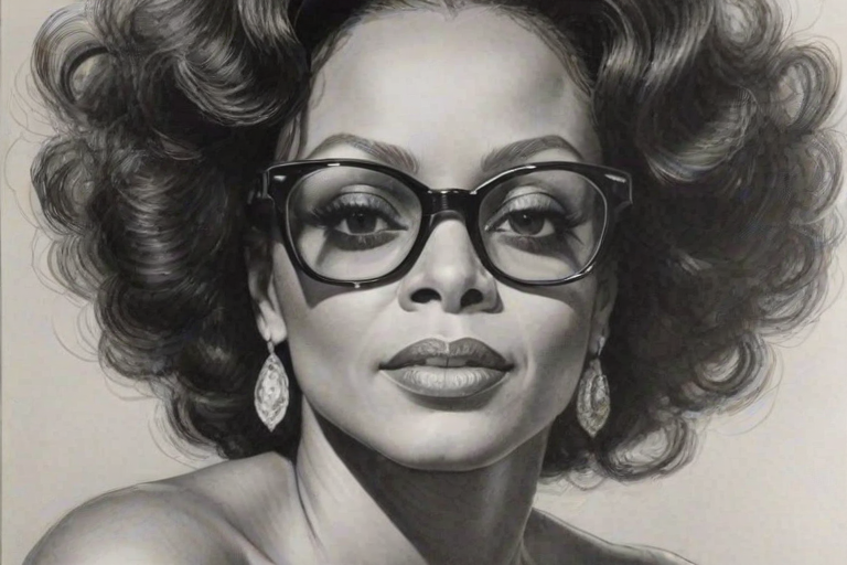 Exquisite Diana Ross, pencil sketch, portrait of Resplendent woman 1948s in glasses, hair style beatnik, outline, clear lines, fine lines, 8k