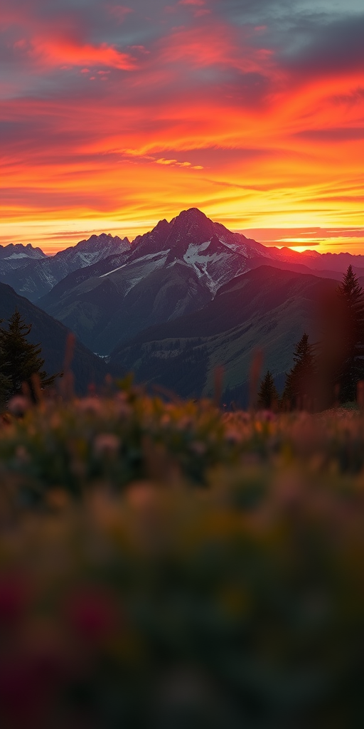 Capture a high-quality landscape image featuring vibrant sunset over a mountain range, use a Canon EOS R5 camera, set aperture to f/8, exposure time 1/125s, ISO 100, with a wide-angle lens at 24mm, and employ a low angle view to emphasize the foreground.