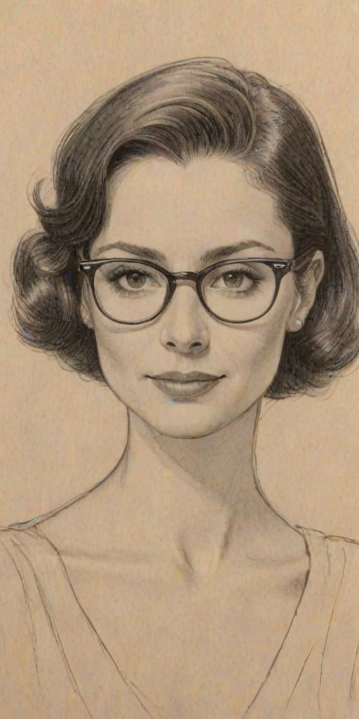Charming Beth Dover, pencil sketch, portrait of Lovely woman 1934s in glasses, hair style beatnik, outline, clear lines, fine lines, 8k