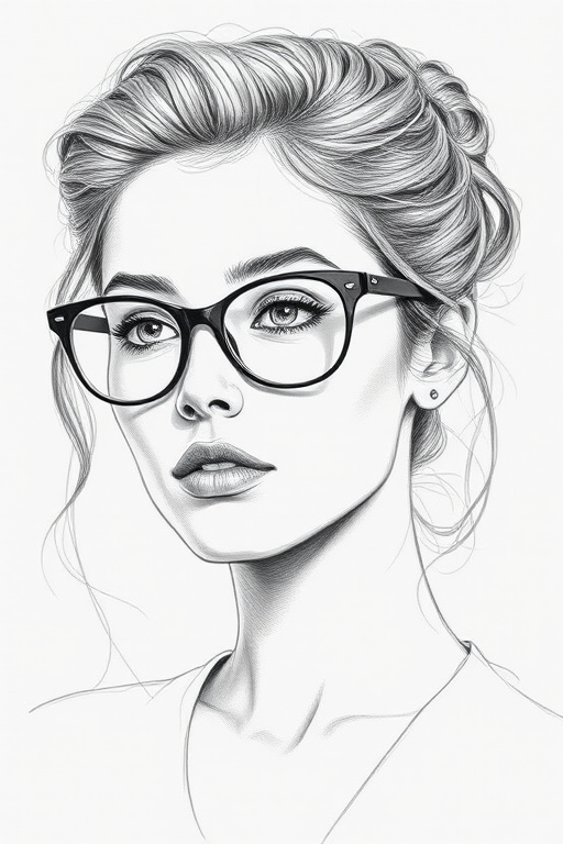 Beautiful Rooney Mara, pencil sketch, portrait of beautiful woman 60s in glasses, hair style beatnik, outline, clear lines, fine lines, 8k