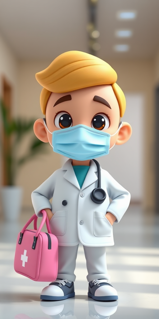 Create a high-quality 3D render of a cartoon doctor character with a stethoscope and a pink medical bag, using a shallow depth of field for a professional look, with a focus on the character from a slightly low angle view, using a DSLR camera at f/2.8 aperture, ISO 100, shutter speed 1/200s, in a bright, well-lit environment.