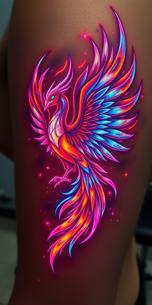 Futuristic holographic tattoo showcasing a cybernetic phoenix rising from digital flames, rendered with specially formulated inks that shimmer and change color under different lighting conditions