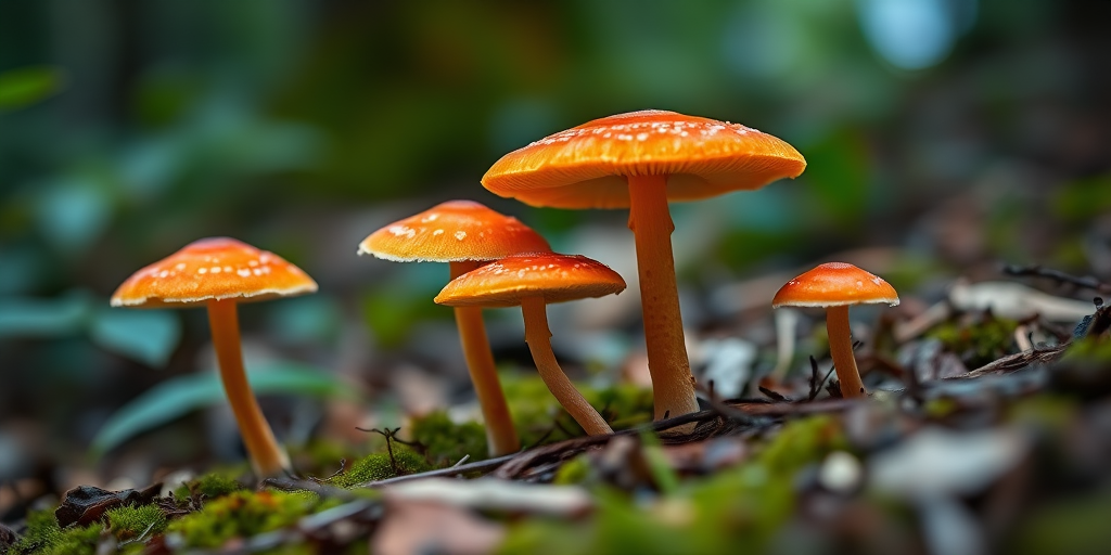 capture a close-up of vibrant coral mushrooms in a forest setting, use a macro lens with f/2.8 aperture, ISO 100, shutter speed 1/200s, natural lighting, and a shallow depth of field to emphasize texture and detail