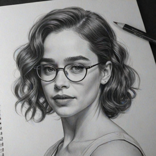 Bewitching Emilia Clarke, pencil sketch, portrait of Exquisite woman 1926s in glasses, hair style beatnik, outline, clear lines, fine lines, 8k