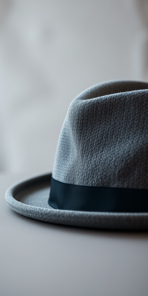 Create a high-resolution image of a gray fedora hat with a sleek design against a soft blurred background, using a DSLR camera at f/2.8 aperture, 50mm lens, ISO 100, and natural lighting for enhanced clarity and depth.