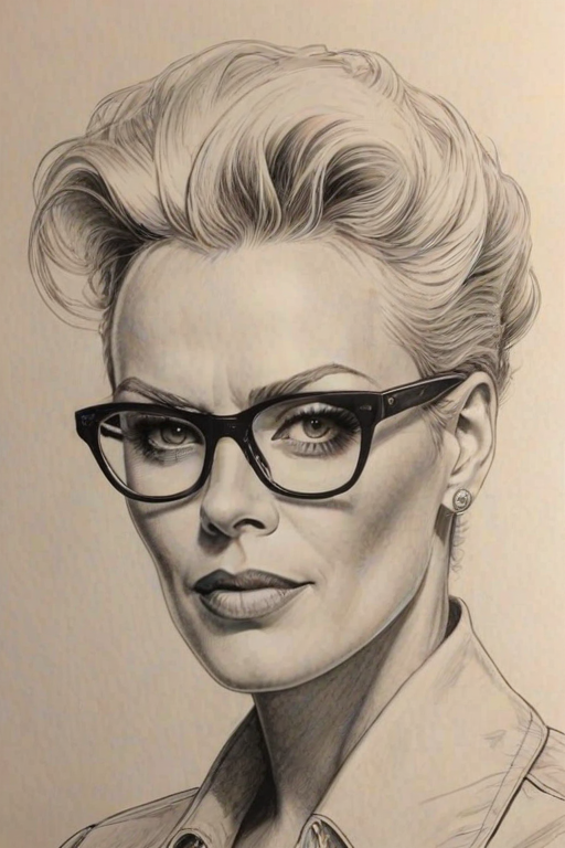 Fascinating Brigitte Nielsen, pencil sketch, portrait of Bewitching woman 1948s in glasses, hair style beatnik, outline, clear lines, fine lines, 8k