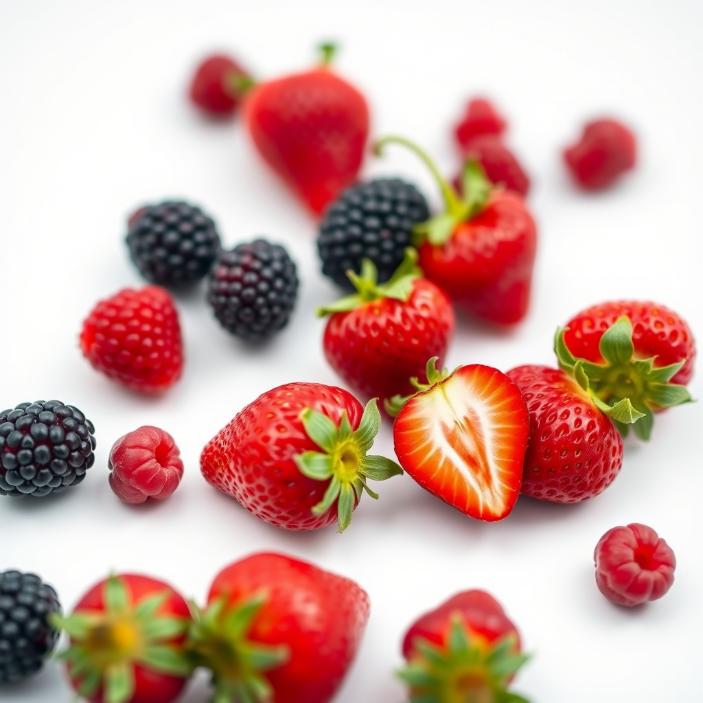 fresh strawberries, raspberries, and blackberries on a white background, shallow depth of field, ISO 100, f/2.8, 1/200s, macro lens, natural lighting, DSLR camera
