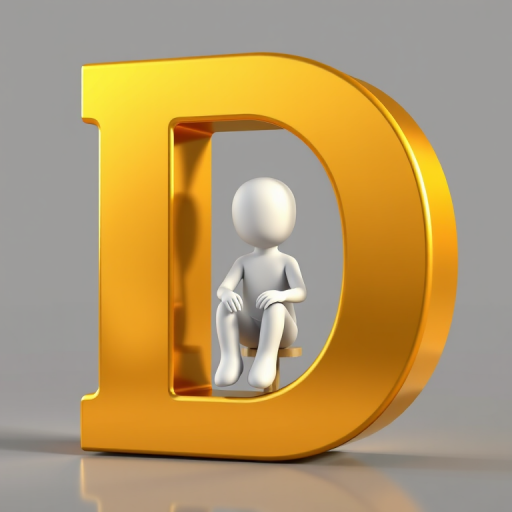 Generate a 3D rendered image of a large gold letter D with a small white figure sitting inside it, natural lighting, shallow depth of field, 85mm lens, f/1.8, ISO 100, soft shadows, high resolution.