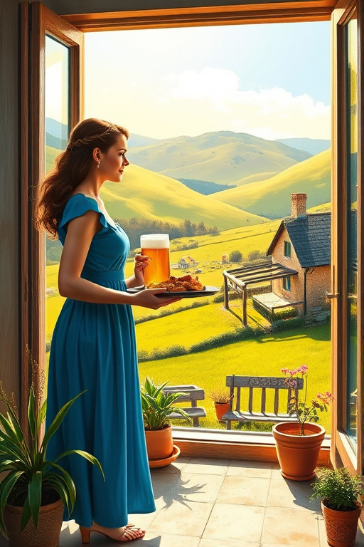 In "A Glass of Beer on the Highland," a serene scene is depicted in a sunlit room where a woman in a vibrant blue dress stands by a large window. She holds a tray with a hearty meal and a frothy glass of beer, embodying a moment of relaxation. Outside, the breathtaking highland landscape features rolling green hills and a charming traditional house, all bathed in warm afternoon light. The interior is adorned with potted plants, creating a harmonious blend of comfort and nature. The painting beautifully captures the tranquility and joy found in simple pleasures amidst stunning scenery