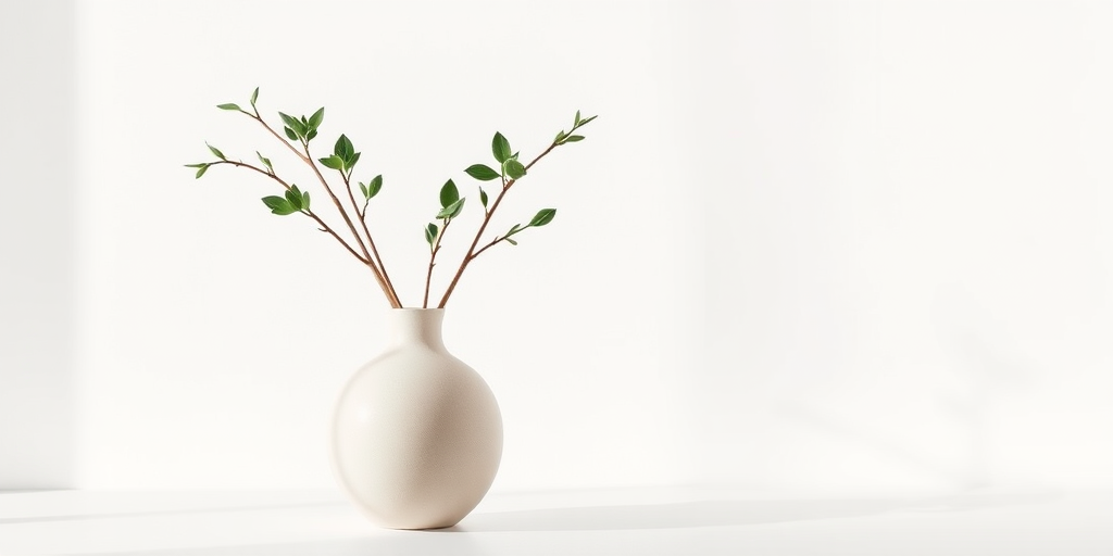 Create an artistic rendering of two decorative vases with plants, using a minimalist style, capture with a DSLR camera at 50mm lens, aperture f/2.8, ISO 100, and soft natural lighting for enhanced colors and detail.