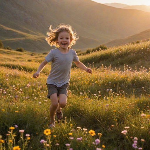 Blurry, fast-paced photo of a child running through a field of wildflowers at sunset, their laughter frozen in the moment, the golden light of the setting sun casting long shadows on the grass, a soft breeze rustling the flowers, distant mountains visible on the horizon.