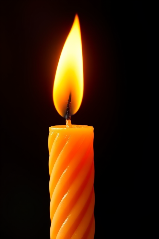 Create an image of a colorful birthday candle with a flame, bright orange and yellow hues, digital illustration style, captured from a slightly elevated angle, using a high-resolution format, with 35mm focal length and f/2.8 aperture for enhanced depth of field.
