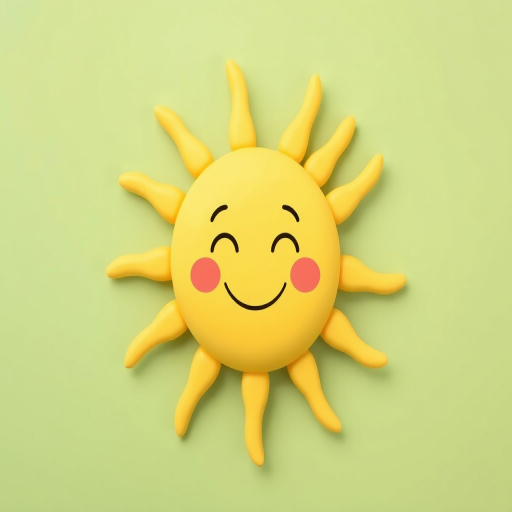 create a cheerful cartoon sun with a smiling face and pink cheeks surrounded by soft, creamy yellow rays on a muted green background using a Canon EOS R5 with a 50mm f/1.2 lens, aperture set to f/2.8, in a flat lay style with vibrant colors.