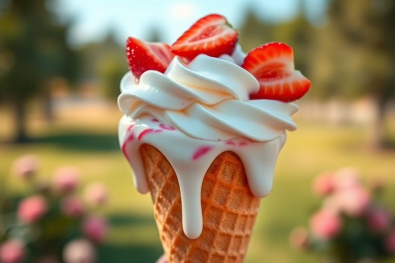 Generate an image of a melting ice cream cone with whipped cream and strawberries, shot with a DSLR camera at f/8 aperture, 1/125 shutter speed, ISO 100, in a landscape view with a soft afternoon light to enhance detail and color vibrancy.