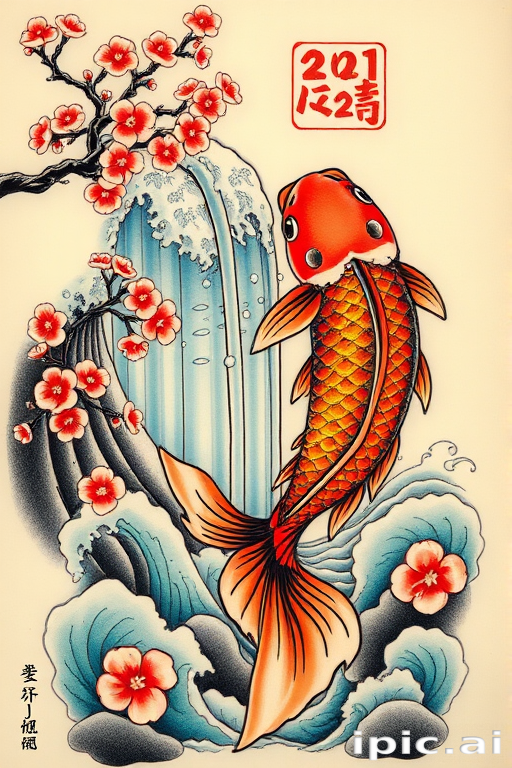 Japanese-inspired irezumi tattoo called "Koi Ascension" featuring a large colorful koi fish swimming up a cascading waterfall surrounded by cherry blossoms and traditional waves