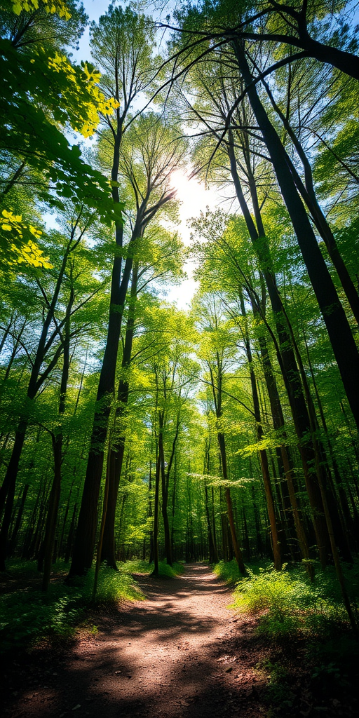 Generate a high-quality image of a lush forest with sunlight filtering through the trees, using a DSLR camera with a 50mm lens, aperture set to f/1.8, shutter speed at 1/125s, ISO 100, shot from a low angle perspective, with a vibrant color profile and enhanced contrast.
