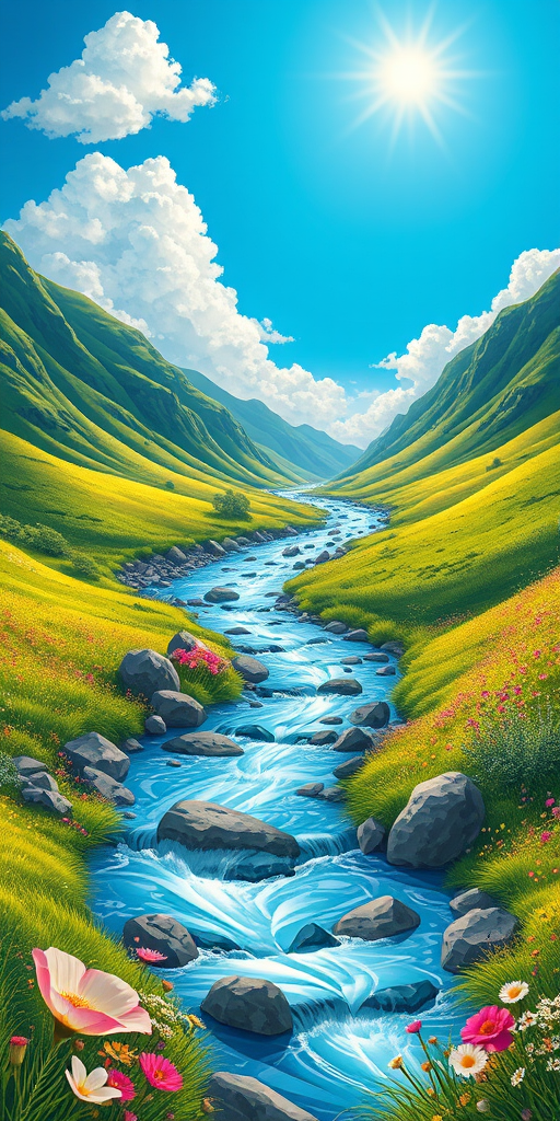Create a vibrant and colorful landscape illustration featuring a flowing river surrounded by rolling green hills, scattered rocks, and blooming flowers under a bright blue sky with fluffy white clouds and a shining sun, captured with a DSLR camera at f/8 aperture, 1/125 sec shutter speed, and ISO 100 for enhanced clarity and detail.