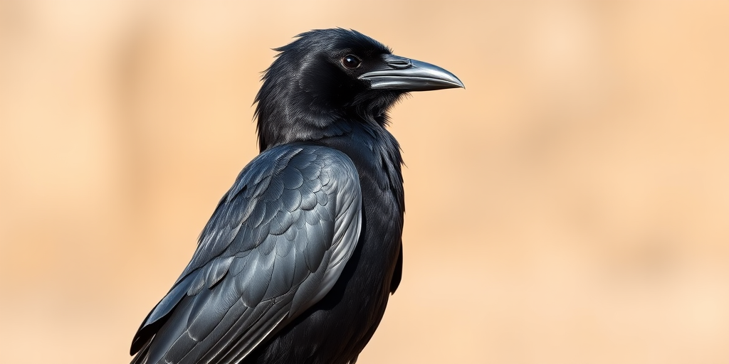 a highly detailed illustration of a raven standing sideways, captured in natural light, using a DSLR camera with a 50mm lens, aperture set to f/2.8 for a shallow depth of field, ISO 100, and a resolution of 300 DPI for sharpness