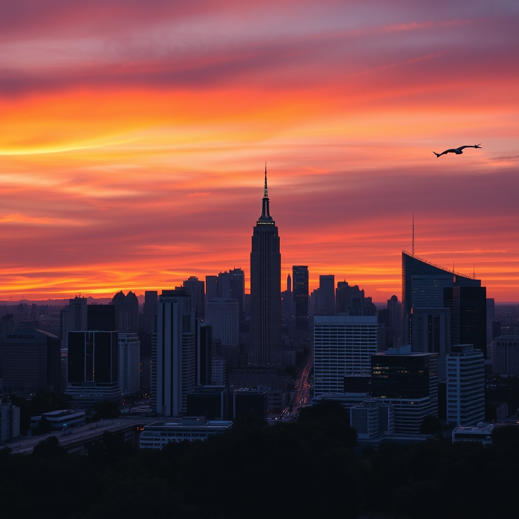 Generate a high-resolution image of a vibrant city skyline at sunset with deep orange and purple hues, captured using a Canon EOS R5 with a 24-70mm f/2.8 lens, ISO 100, aperture f/8, and a shutter speed of 1/200s in a wide-angle view to enhance depth and detail.