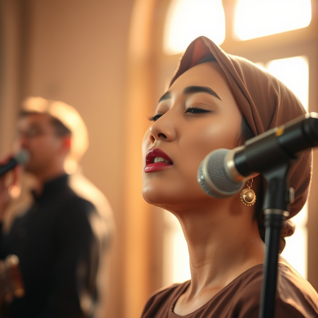 A close-up portrait of a asian woman with her eyes closed, singing into a microphone, positioned on the right side of the frame, facing the viewer. She is wearing a brown headscarf, gold earrings, and a brown blouse, and is bathed in warm, golden light emanating from the windows behind her. A blurred figure of a man singing into a microphone is visible in the background. The scene has a sense of calm and spirituality.