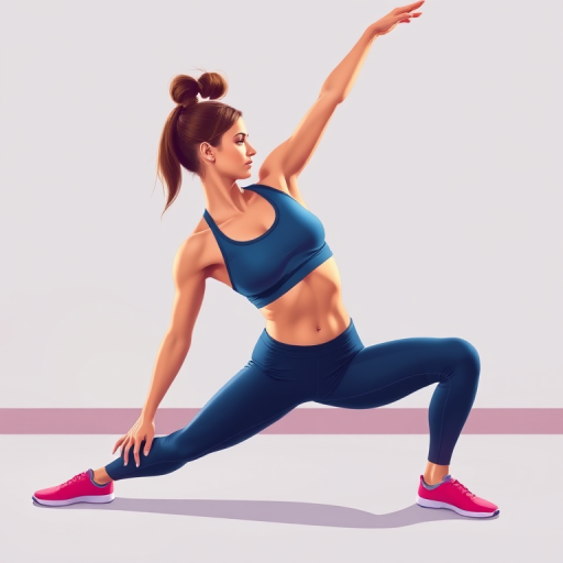Create a digital illustration of a woman stretching in an athletic outfit, using vibrant colors and a simple background, captured with a 35mm lens at f/2.8 and ISO 200, in a soft diffused lighting environment.