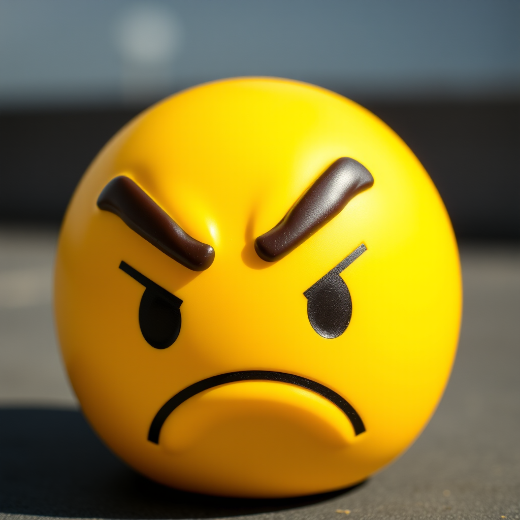 Create a high-resolution image of an angry yellow emoticon face with exaggerated eyebrows, using a DSLR camera with a 50mm lens at f/2.8, ISO 100, and natural lighting, captured from a straight-on perspective to enhance clarity and detail.