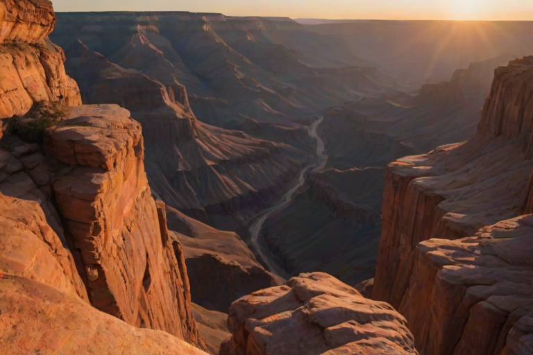 Breathtaking view of a canyon at sunrise, with layers of rock formations illuminated by the warm glow of the sun, a hiker standing at the edge, taking in the awe-inspiring landscape.