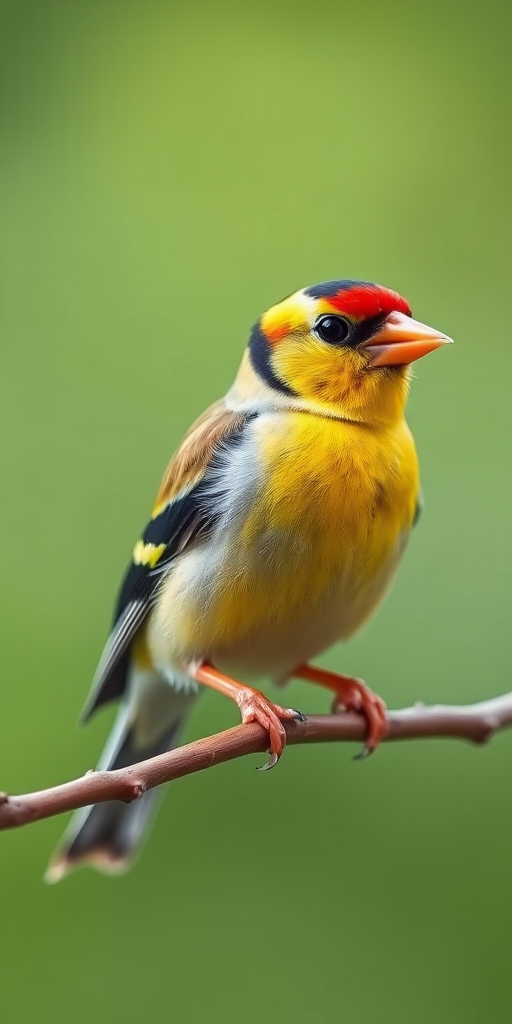 Capture a close-up of a goldfinch perched on a branch with a soft green blurred background, using a DSLR camera with a 100mm f/2.8 macro lens, ISO 200, aperture f/4, shutter speed 1/200s, natural light for vibrant colors and sharp details.