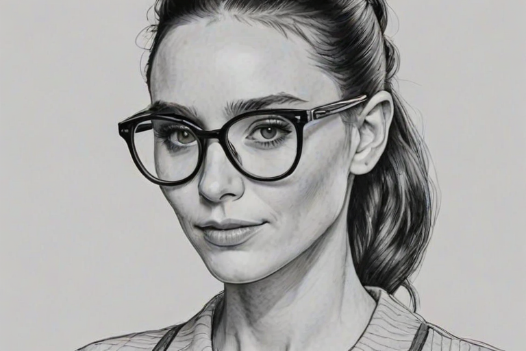 Beautiful Rooney Mara, pencil sketch, portrait of beautiful woman 60s in glasses, hair style beatnik, outline, clear lines, fine lines, 8k