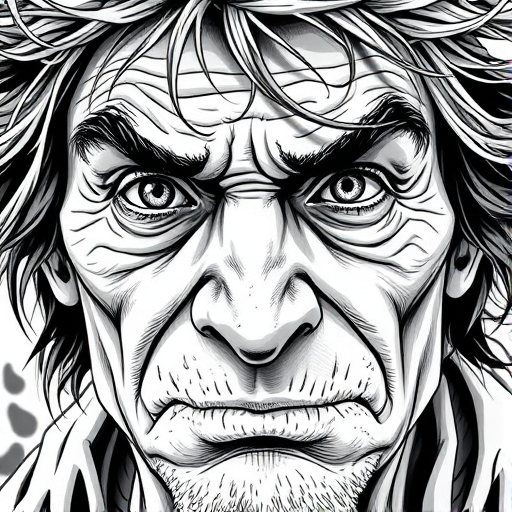 Create a high-resolution black and white illustration of an expressive, wrinkled face with deep-set eyes and wild hair, shot in a close-up view using a DSLR camera with a 50mm lens, f/1.8 aperture, ISO 100, and natural lighting to enhance the details and textures.