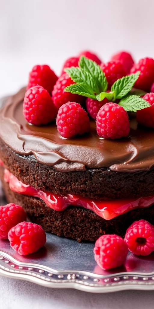 Chocolate cake with raspberry filling topped with fresh raspberries on a silver platter with a soft background.