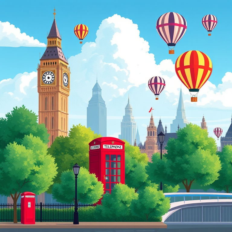 Create a vibrant illustration of London featuring Big Ben, green trees, a red telephone box, and hot air balloons in a blue sky, using a Canon EOS R5 with a 24-70mm lens, f/8 aperture, 1/200s shutter speed, and ISO 100 for optimal sharpness and color vibrancy.