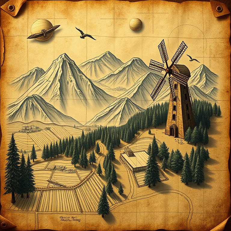 Create a detailed vintage-style treasure map illustration featuring mountains, a windmill, a forest, and agricultural fields, using a high-resolution digital camera with a 50mm lens at f/8, ISO 100, capturing an overhead view with a shallow depth of field for enhanced clarity and texture in a sepia color palette.